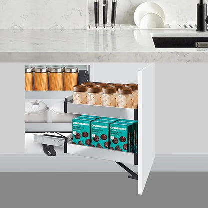 QIANMOON Kitchen Corner Cabinet Pull Out, Magic Pull Out Open, 2 Tiers Swing Tray, Blind Corner Soft Close, for Place Pots and Pans, Containers, Spice Jars