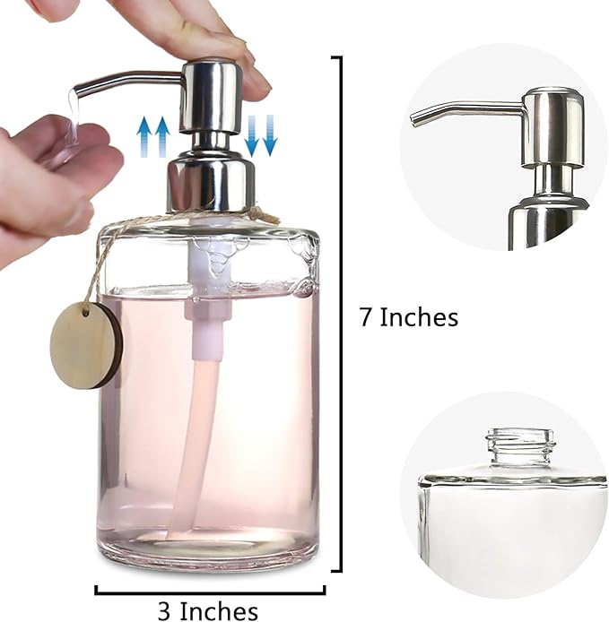 JASAI 16OZ Cylinder Glass Soap Dispenser with Rust Proof Stainless Steel Pump, Refillable Bathroom Soap Dispenser for Hand Soap, Dish Soap, Liquid Soaps and Kitchen (Clear)