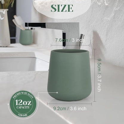 INGOFIN Ceramic Toothbrush Holder, 12 oz Bathroom Toothbrush Holder Ceramic Holder for Toothbrush, Toothpaste Holder and Cup, Matte Green
