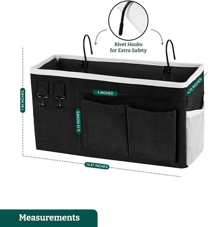 Bedside Caddy Organizer Hanging Storage Bag with Pockets for Books, Magazines, Phone, Tablet & Water Bottle – 2-Pack Bedside Storage for Dorm Rooms, Bunk Beds, Hospital Beds & Cribs, Black