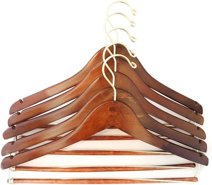 Quality Hangers Wooden Hangers Beautiful Sturdy Suit Curved Hangers Great for Travelers Heavy Duty Coat Hanger with Locking Bar Gold Hooks (5 Pack)