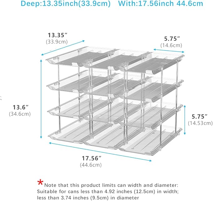 STORICANS Can Organizer For Pantry, Adjustable Height And Width Canned Goods Organizer, Soup Can Rollers Organizer Holds Up to 48 Cans for Kitchen Cabinet or Refrigerator (CLear 4 Tier)