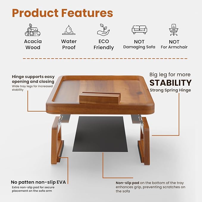 Tinamo 15.7" x 11" Large Couch Arm Table with 360 Rotating Phone Holder - Sofa Arm Clip Table for Living Room - Sofa Armrest Tray Wide Couches - Wooden Side Tables for Eating and Drink (Acacia Wood)