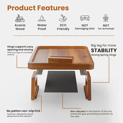 Tinamo 15.7" x 11" Large Couch Arm Table with 360 Rotating Phone Holder - Sofa Arm Clip Table for Living Room - Sofa Armrest Tray Wide Couches - Wooden Side Tables for Eating and Drink (Acacia Wood)