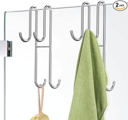 Cerbonny Shower Door Hooks, 2 Pack Extended Double Towel Hooks for Bathroom Frameless Glass Shower Door, Heavy Duty Stainless Steel Bathroom Hanger Without Perforation