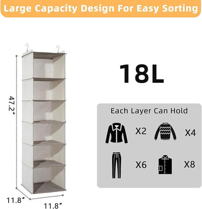 2 Packs Hanging Closet Organizer, 6-Shelf Closet Organizers and Storage with Side Pockets, Collapsible Hanging Shelves for Closet & RV & College Dorm,Beige