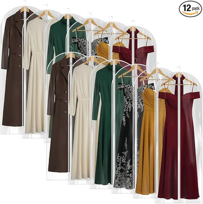 60” All Clear Garment Bags for Travel - PEVA Waterproof Suit Cover with Zipper for Hanging Clothes, long Gowns - Durable Dresser for Closet Storage, Dustproof & Moisture Resistant - 60”/12 Pack