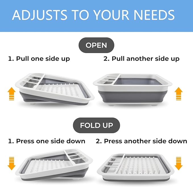 Collapsible Drying Basket & Portable Dish Drying Rack – Comes with 6 Kitchen Scouring Pads, Ideal for Kitchen, RV, Camper and Travel Trailer