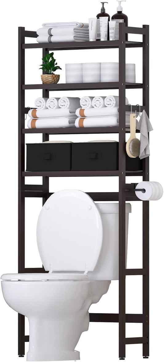Cozivolife Over The Toilet Storage with 2 Baskets, 4-Tier Bamboo Organizer Rack with Paper Holder & 4 Hooks & Waterproof Feet Pad,Freestanding Shelf for Bathroom(Brown)