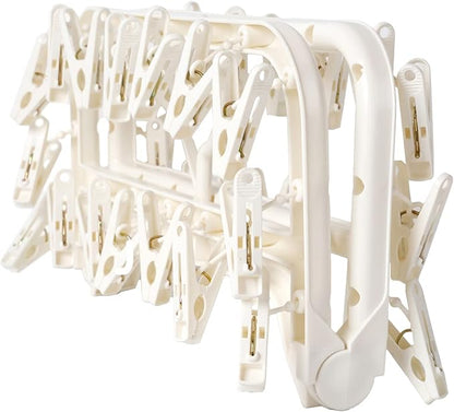Foldable Clothes Drying Rack with 32 Drying Clips Wind-Proof Hook Underwear Hanger Plastic Laundry Clip for Socks Bras (White)