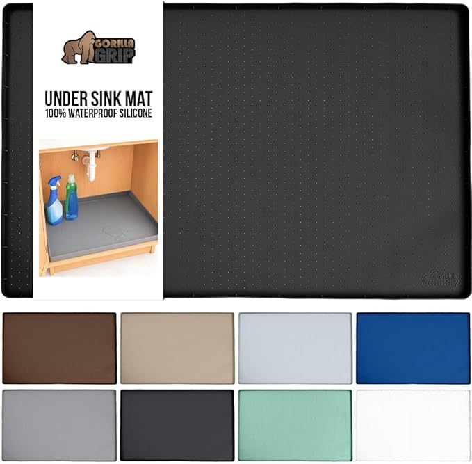 GORILLA GRIP Waterproof Silicone Under Sink Mat with Raised Lip for Kitchen and Bathroom, 46 x 22 in, Cabinet Shelf Liner Stay in Place Mats Dishwasher Safe Drawer Liner, Organizer Tray, Black
