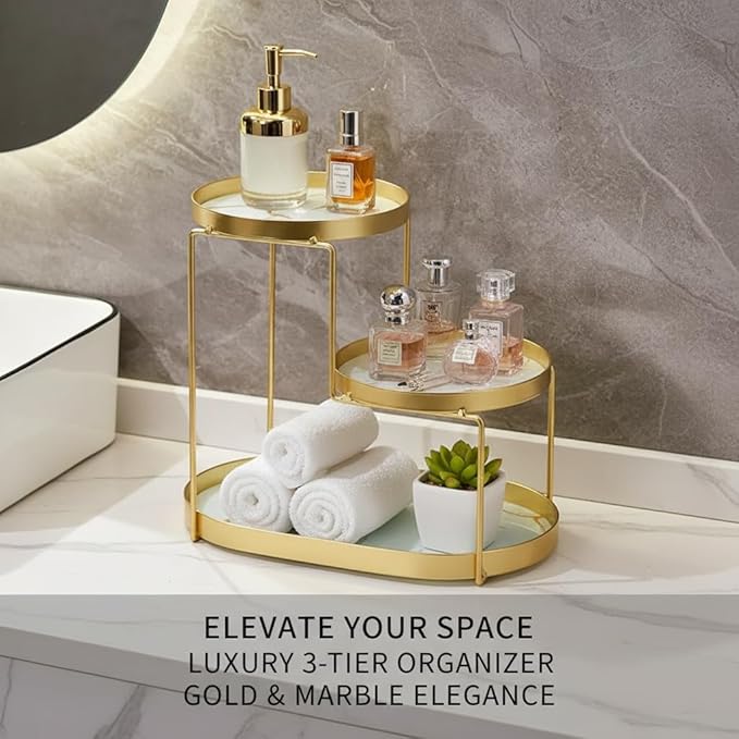MLVOC Makeup Organizer Countertop, 3 Tiers Skincare Organizer with Gold Finish, Durable Metal Storage for Bathroom or Bedroom Vanity, Tall Spacious Design for Large Bottles