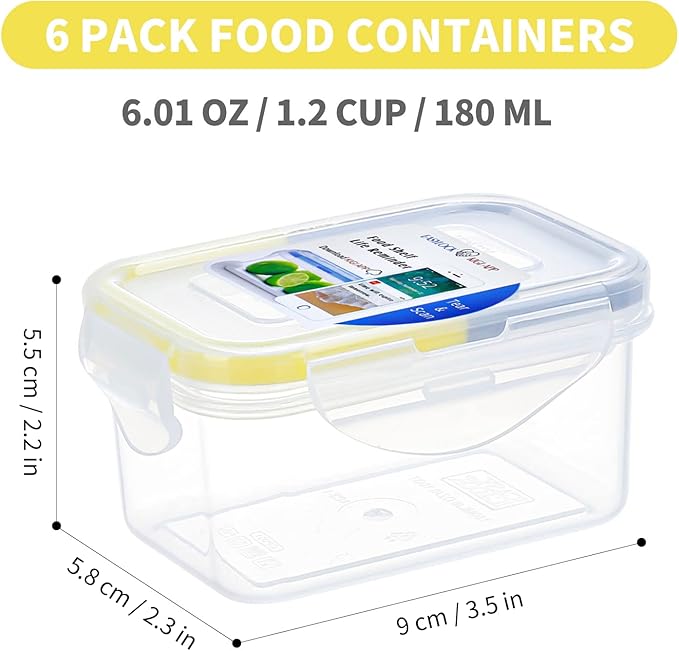 KIGI 6 Pack 6OZ Airtight Plastic Food Storage Containers Set 180ML Rectangular Small Bento Box with Lid