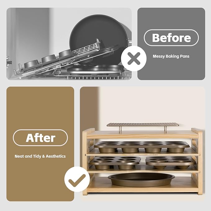 4 Tier Wooden Cabinet Tray Dividers for Baking Trays, Pans & Cutting Boards - 16.61" Wx12.4 Dx8.94 H Vertical Cookie Sheet Organizer, Spoon Rest, Utensil Holder, Kitchen for Pots Pans Storage