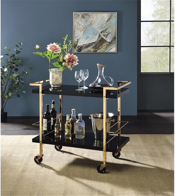 Pemberly Row Modern Serving Cart in Black Metal and Gold Frame