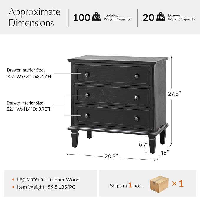 HULALA HOME 3 Drawer End Table with Charging Station, Wooden Drawer Organizer with Wood Legs, Mid Century Modern End Table, Black
