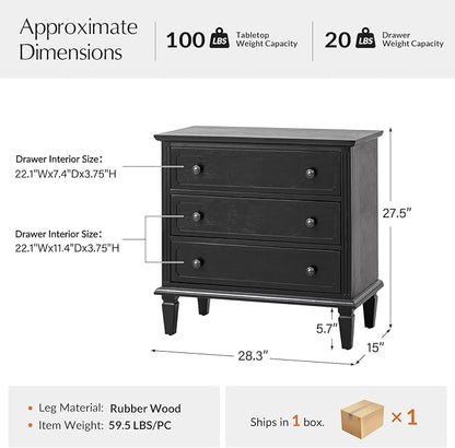 HULALA HOME 3 Drawer End Table with Charging Station, Wooden Drawer Organizer with Wood Legs, Mid Century Modern End Table, Black