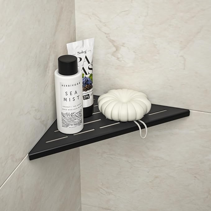 Bernkot Corner Shower Shelf 10" Matte Black 304 Stainless Steel Slot Design Recessed Corner Shelf Bathroom Grout in Shelf for Tiled Wall