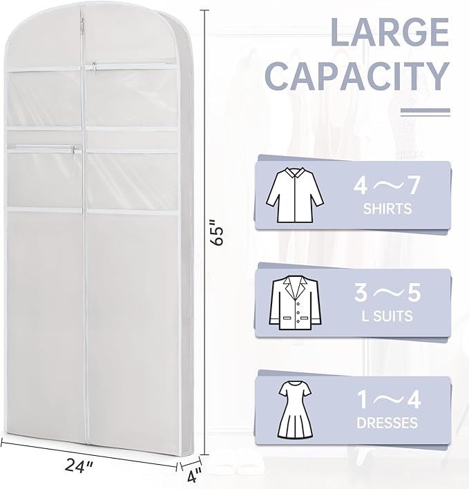 65" Garment Bag for Travel for Hanging Clothes Storage Hanging Suit Cover with Zipper and Accessory Storage for Coats, Dresses, Suits
