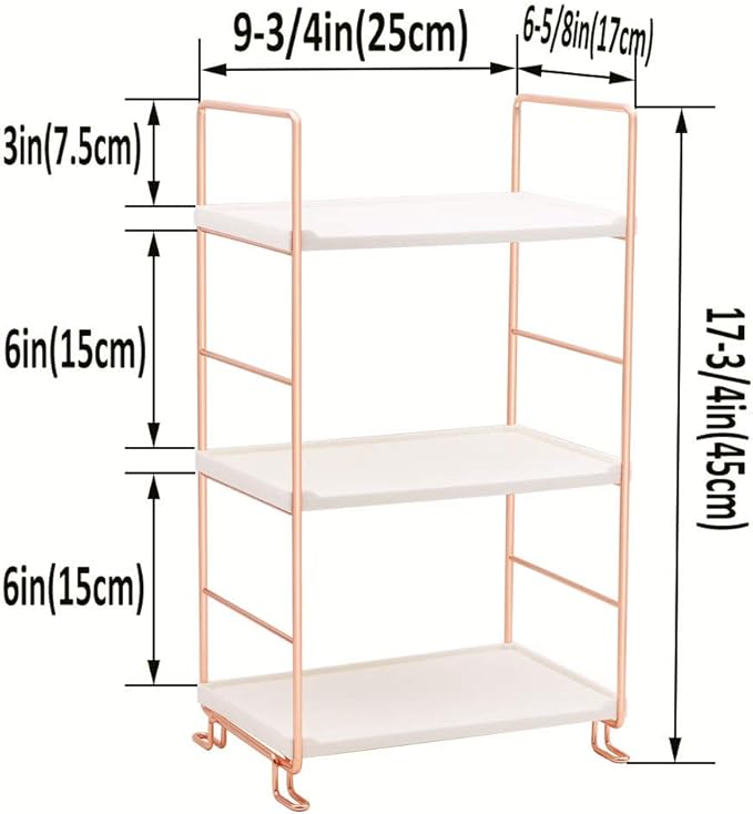 kaileyouxiangongsi Plastic/Metal Freestanding Stackable Organizer Shelf,Bathroom Countertop Storage Shelf Cosmetic Organizer Holder Kitchen Spice Rack,3-Tier Standing Rack (Rose Gold)