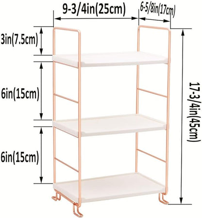 kaileyouxiangongsi Plastic/Metal Freestanding Stackable Organizer Shelf,Bathroom Countertop Storage Shelf Cosmetic Organizer Holder Kitchen Spice Rack,3-Tier Standing Rack (Rose Gold)