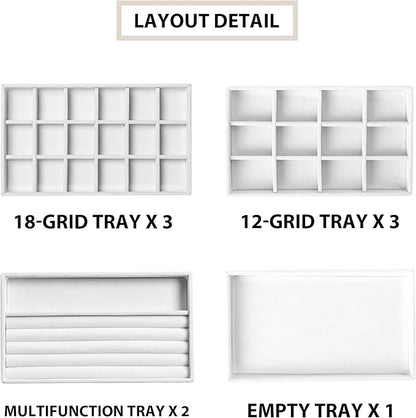 Frebeauty Jewelry Organizer Tray,Stackable Velvet Jewelry Trays,Drawer Inserts Earring Organizer For Women Jewelry Storage Display Case for Rings Stud Necklaces,8.3 x 4.9 x 1 Inches (White)