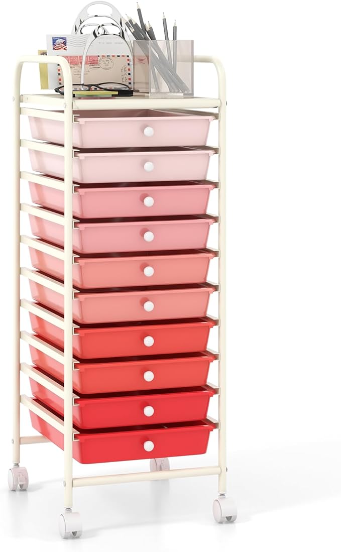 MAT EXPERT 10 Drawer Rolling Storage Cart, Multipurpose Utility Cart w/Plastic Drawers & Universal Casters, 10 Tier Mobile Organizer Cart for Office Home Classroom Beauty Salon