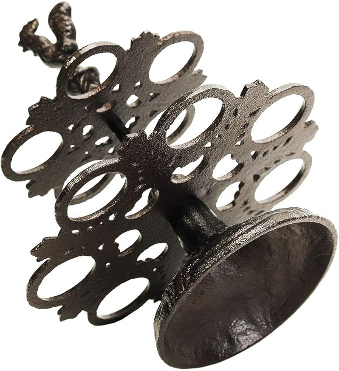 Sungmor Heavy Duty Cast Iron Eggs Holder Countertop Decor - Kitchen & Dining Room Organization Egg Stroage Display Rack - Vintage Dark Brown Color & Rooster Shaped Design - 12 Eggs Holding Capacity