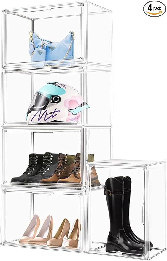 EZJOB 4 Pack XXX-Large Clear Purse Organizers for Closets 17.7"x13"x13" Acrylic Display Case Clear Shoes Storage Box Stackable Handbag Storage Organizers Helmet Display Cabinet Storage Bins with Lid