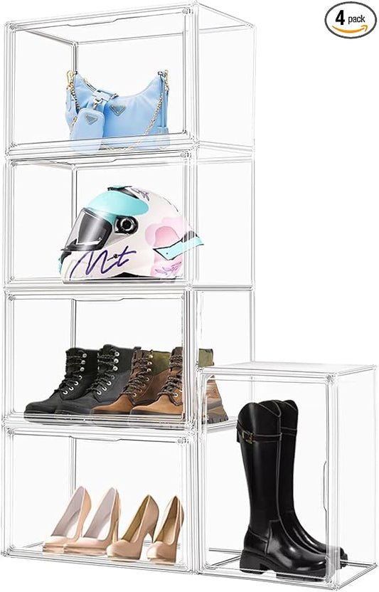 EZJOB 4 Pack XXX-Large Clear Purse Organizers for Closets 17.7"x13"x13" Acrylic Display Case Clear Shoes Storage Box Stackable Handbag Storage Organizers Helmet Display Cabinet Storage Bins with Lid