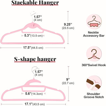 UEAKPIC Velvet Hangers 50 Pack, S-Shaped and Stackable Non Slip with 360°Swivel Hook, Ultra Thin and Space Saving Flocked, for Suits, Shirts, Coats, 15Lbs Capacity Heavy Duty, Pink