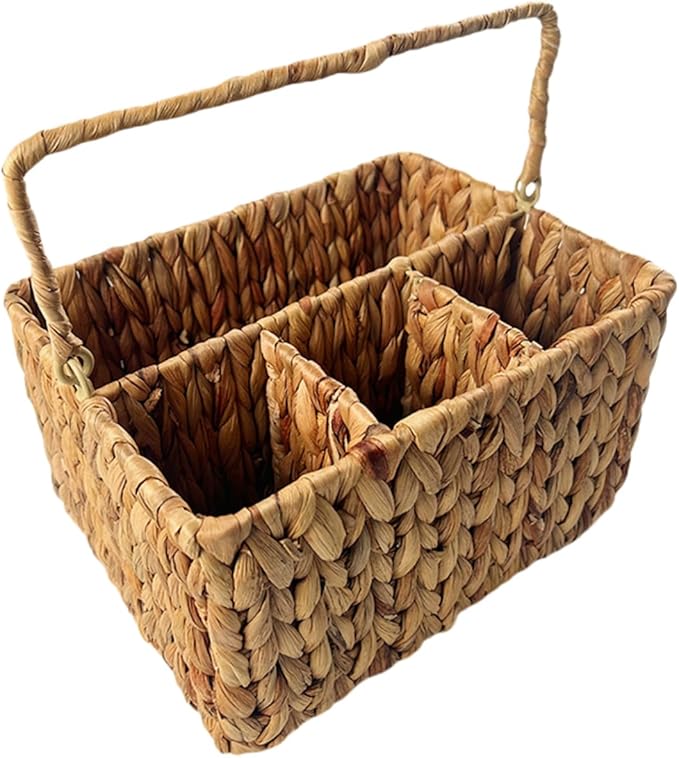 PRETYZOOM Woven Cutlery Holder with Handle Divided Utensil Storage Basket for Kitchen Organization Handmade Vine Material Portable and Practical Design for Dining Table Use