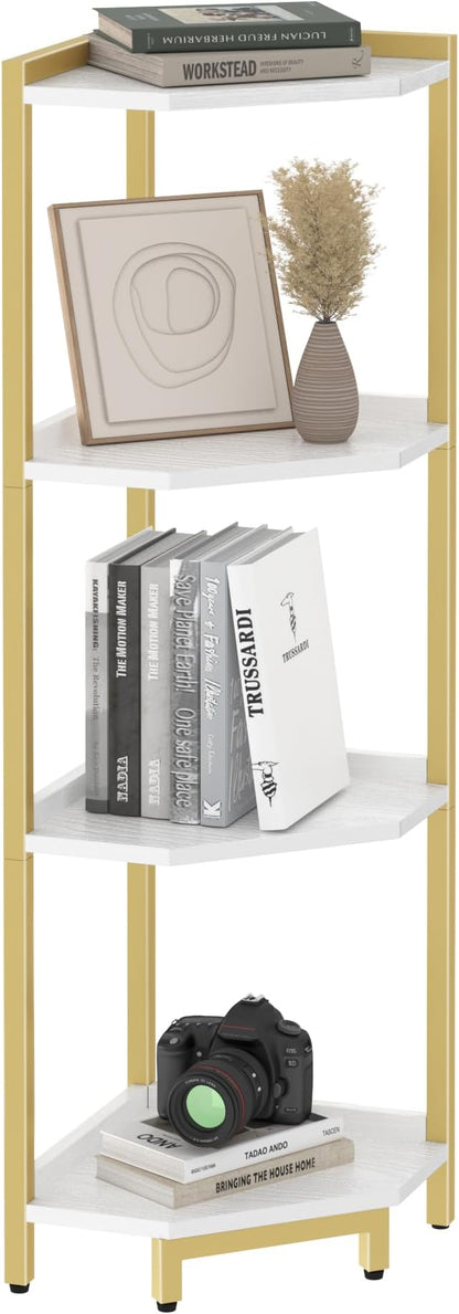 Corner Shelf Stand, Corner Bookshelf, Storage Standing Shelf Unit with Metal Frame, Plant Stand, Corner Bookcase for Living Room, Home Office, Bedroom, 4-Tier White Gold CS05803A