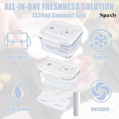 SPAXLY Manual Vacuum Sealer Containers, Airtight Food Storage Boxes with Hand Pump for Freshness, BPA-Free, Leakproof Seal for Lunch, Meat, Fruit, Leftovers, Fridge & Camping Use (1320ml)