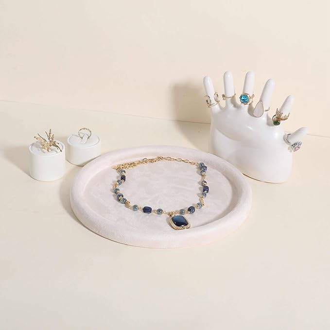 GemeShou Round Jewelry Organizer Plate, Top Microfiber Velvet Jewelry Display Tray, Empty Jewelry Showcase Tray for Necklaces, Bracelets, Rings, Earrings (Cream-Large, 9.8 x 9.8 in)