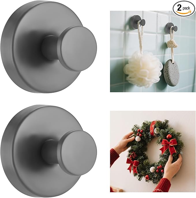 HESUSLA Suction Cup Hooks for Wreaths on Glass,2025 New Model No-Drill Suction Cup Hooks,Wreath Hangers for Front Doors,Metal Towel Hooks for Showers Bathrooms Mirrors(2 Pack,Gray)
