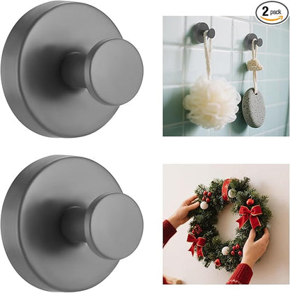 HESUSLA Suction Cup Hooks for Wreaths on Glass,2025 New Model No-Drill Suction Cup Hooks,Wreath Hangers for Front Doors,Metal Towel Hooks for Showers Bathrooms Mirrors(2 Pack,Gray)