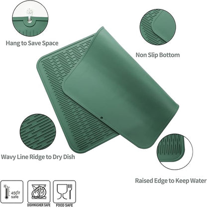 Silicone Dish Drying Mat for Multiple Usage,Easy clean,Eco-friendly,Heat-resistant Silicone Mat for Kitchen Counter or Sink,Refrigerator or Drawer Liner Green 4XL 32 inches x 18 inches