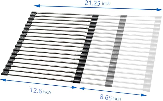 ARAINY Large Telescopic Drain Rack Roll Up Rack Heat-Resistant Dish Drainer Kitchen Sink Rack Over The Sink Dish Drying Rack Stainless Steel Dish Rack (18 Tube 21.25''x12.79'')