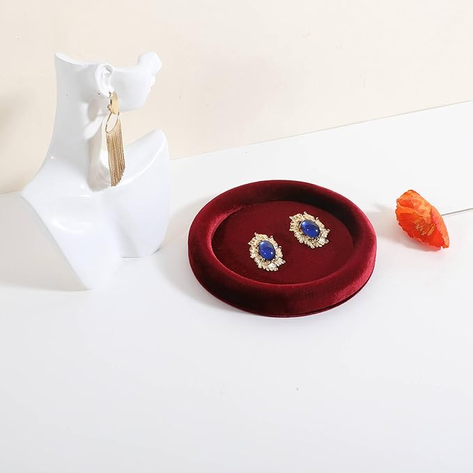 GemeShou Round Jewelry Organizer Plate, Top Microfiber Velvet Jewelry Display Tray, Empty Jewelry Showcase Tray for Necklaces, Bracelets, Rings, Earrings (Red-Small, 5.9 x 5.9 in)