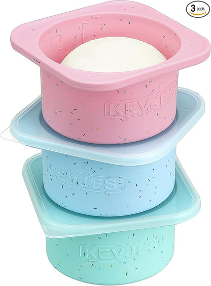 KEVJES PLUS 1000ml Pizza Dough Proofing Containers for DIY family Artisan Pizza, Food Grade Silicone Stackable Boxes with Lids, Freezer, Fridge, Dishwasher Safe-Sprinkles Pattern-3 Pack (Multicolors)