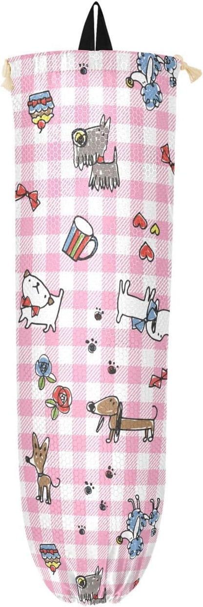 1 PC Plastic Bag Holder Wall Mount Grocery Bag Holder Shopping Bag Trash Bag Storage Organizer Dispenser for Kitchen Closet 22 x 9 Inch Cute Dogs