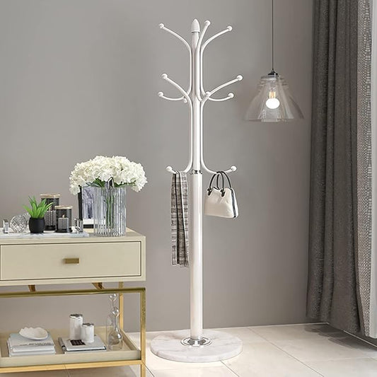 Kertnic Metal Coat Rack Stand with Natural Marble Base, Free Standing Hall Tree with 12 Hooks for Hanging Scarf, Bag, Jacket, Home Entry-way Hat Hanger Organizer (White)
