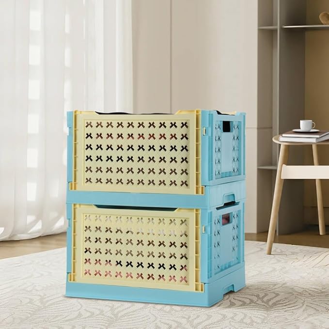 Stackable Plastic Closet Storage Basket, 2 Pack Foldable Closet Organizers and Storage Bins, Decorative Basket for Closet, Shelves, Laundry, Wardrobe Organizing (Yellow Blue)