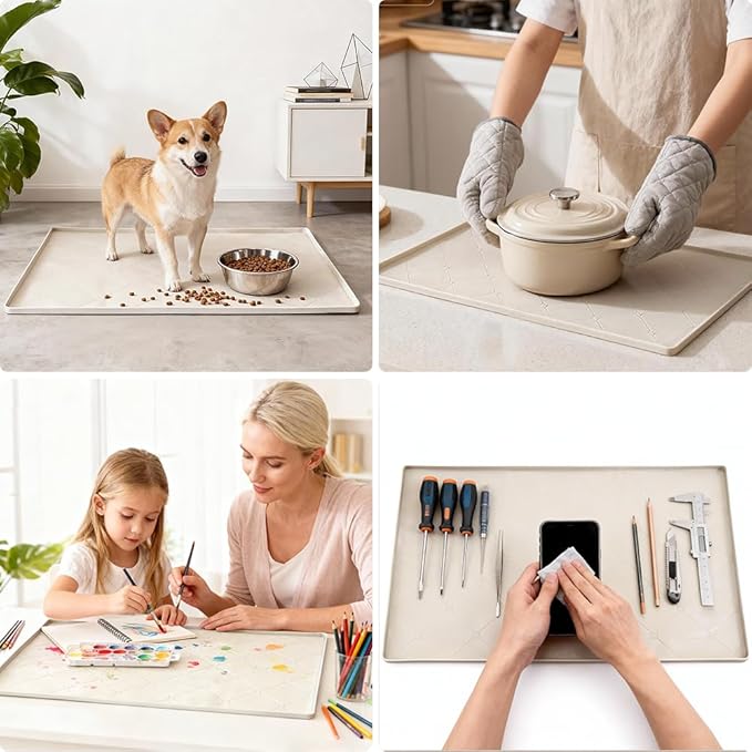 34" x 22" Under Sink Liner and Protector for Bottom of Kitchen Sink Beige, Waterproof Under-Sink Organizers Sink Mat Protectors, Flexible Silicone Drip Tray Pet Food Mats