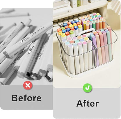 2 Pack Small Plastic Portable Caddy with Handle, Stackable Pen Holder 4 Compartments, Clear Pencil Organizer for Art Supplies, Crafts, Colored Pencils, Stationery, Markers
