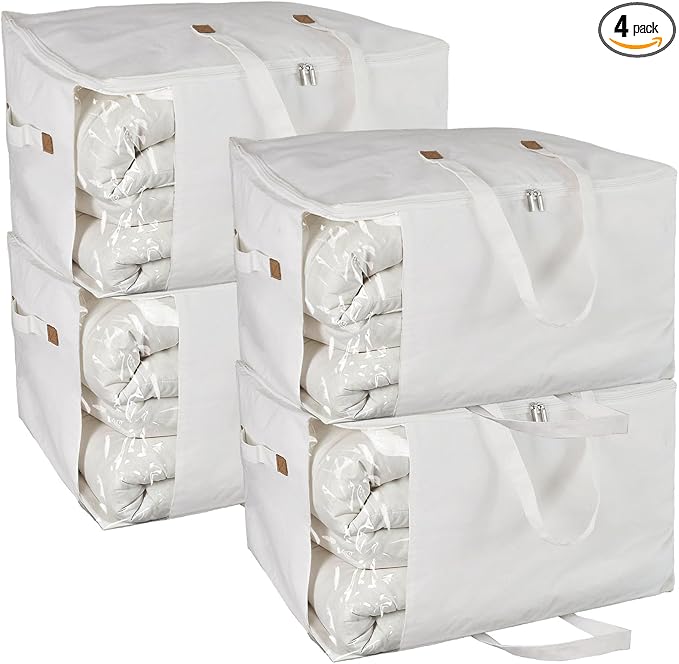 Heavy Duty Cotton Canvas Storage Bags For Comforter Blankets Clothes Extra Large Foldable Organizer with Clear Window & Reinforced Handles, Dustproof Design (White, 80L-4Pack)