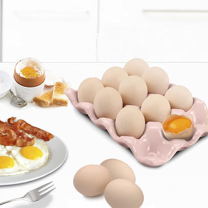 Flexzion Ceramic 12 Cups Egg Tray - Whole Dozen Porcelain Egg Holder Container Keeper Storage Organizer Decorative Serving Stand Serveware for Refrigerator Fridge Countertop Display Kitchen (Pink)