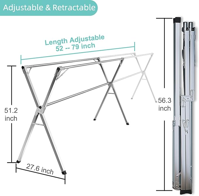 YACASA Clothes Drying Rack, 79 inch Heavy Duty Stainless Steel Laundry Drying Rack, Foldable &Length Adjustable Space Saving Garment Rack, with 20 Windproof Hooks.