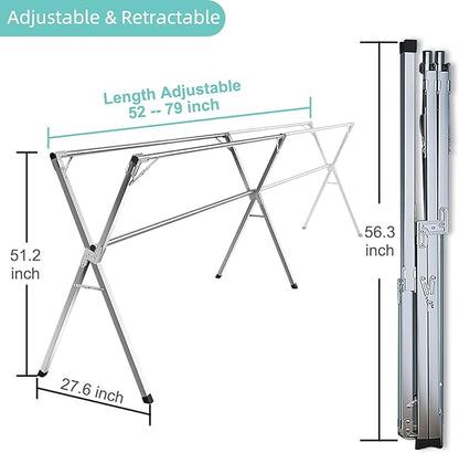 YACASA Clothes Drying Rack, 79 inch Heavy Duty Stainless Steel Laundry Drying Rack, Foldable &Length Adjustable Space Saving Garment Rack, with 20 Windproof Hooks.